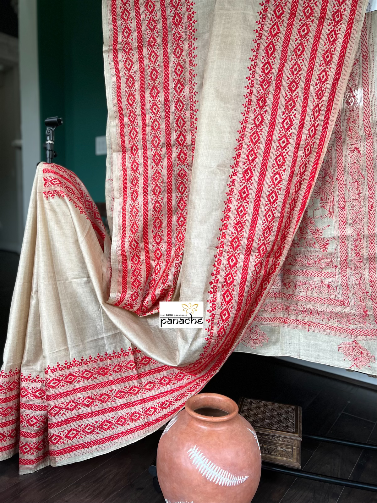 Pure Tussar Silk Kantha Stitch - Beige Red