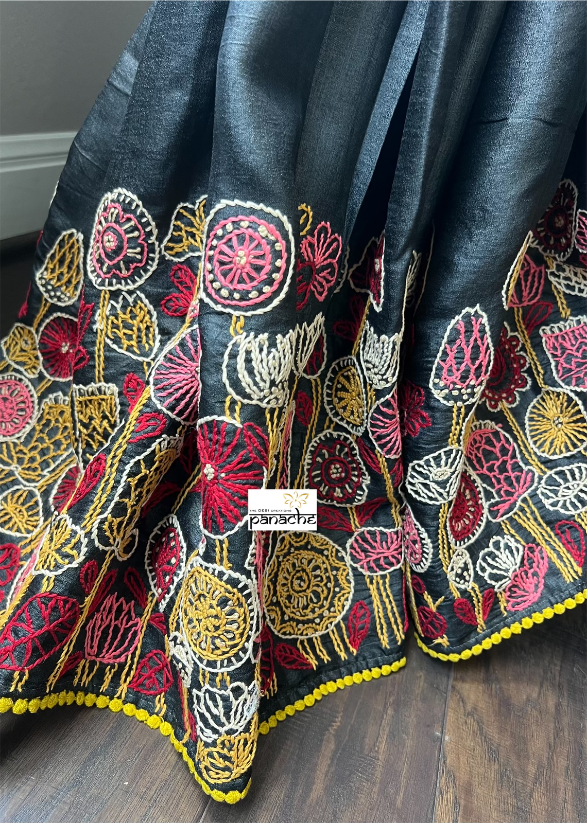 Pure Tussar Silk - Black Lime Yellow Embroidered
