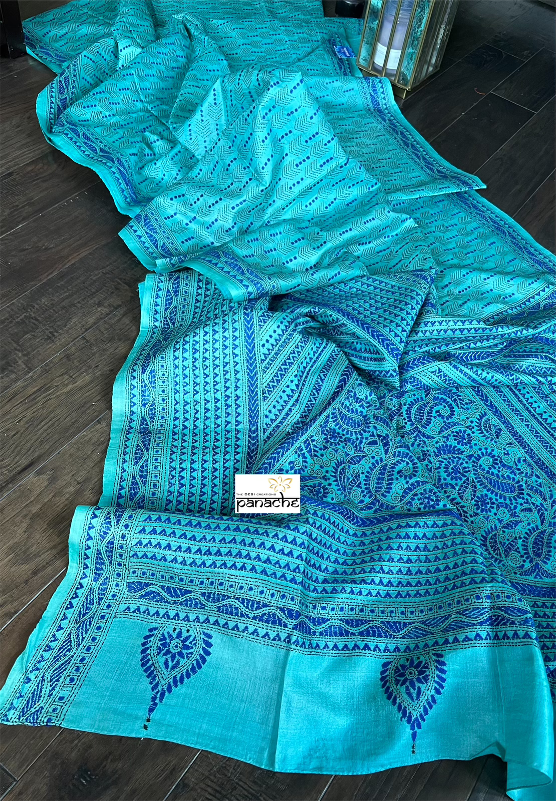 Pure Tussar Silk Kantha Stitch - Firozi Blue