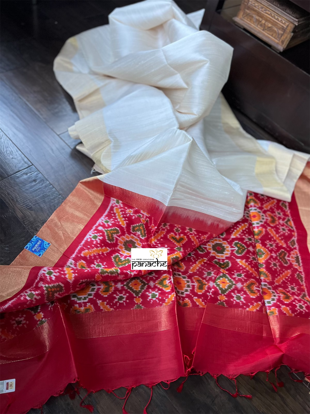 Pure Raw Silk Sambalpuri ikat - Off-White Red
