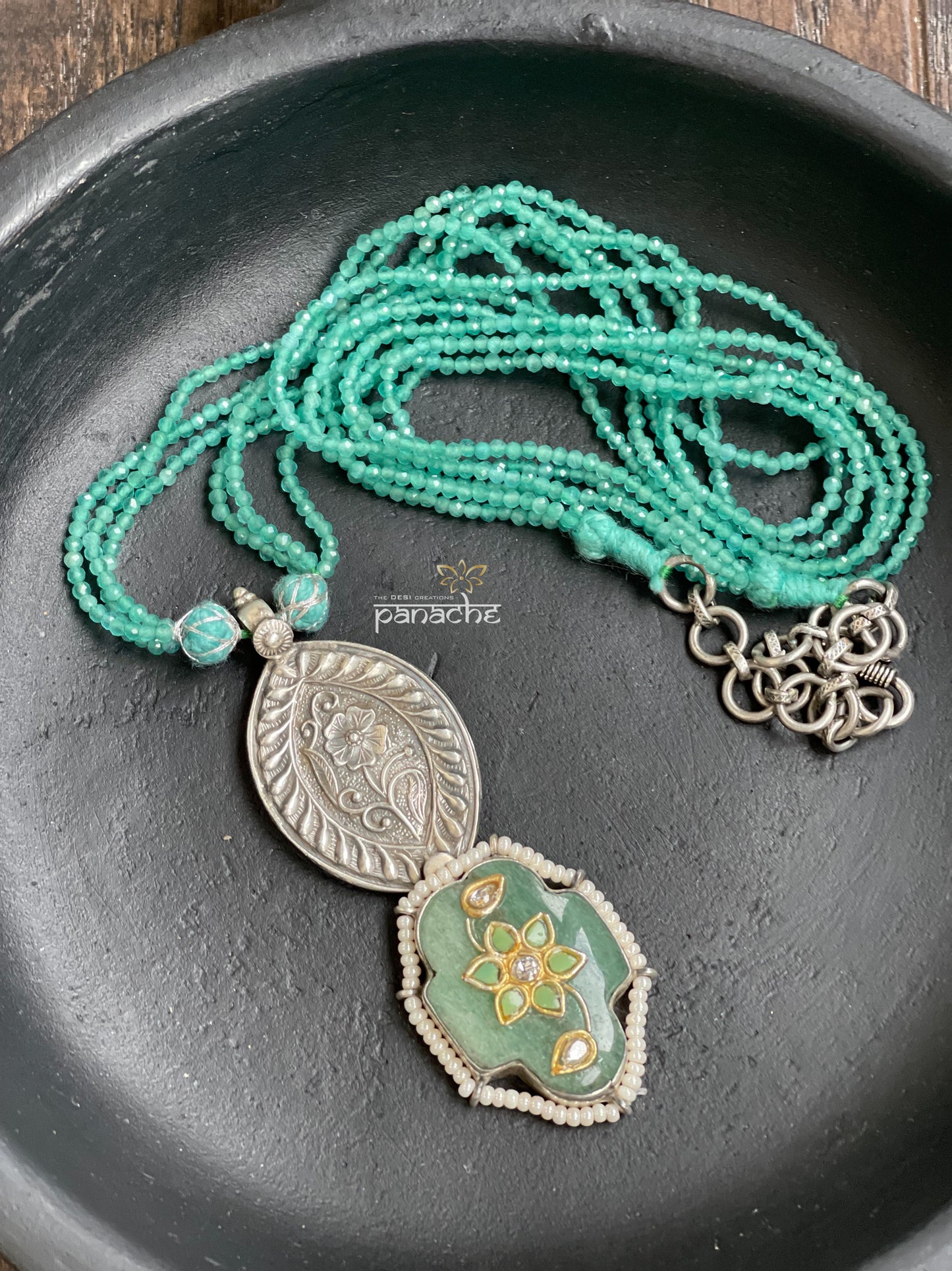 Silver Beaded Necklace - Inlay Pendant