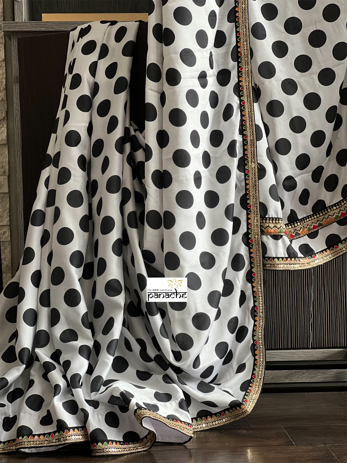 Designer Saree Blouse - White Black Polka Dot