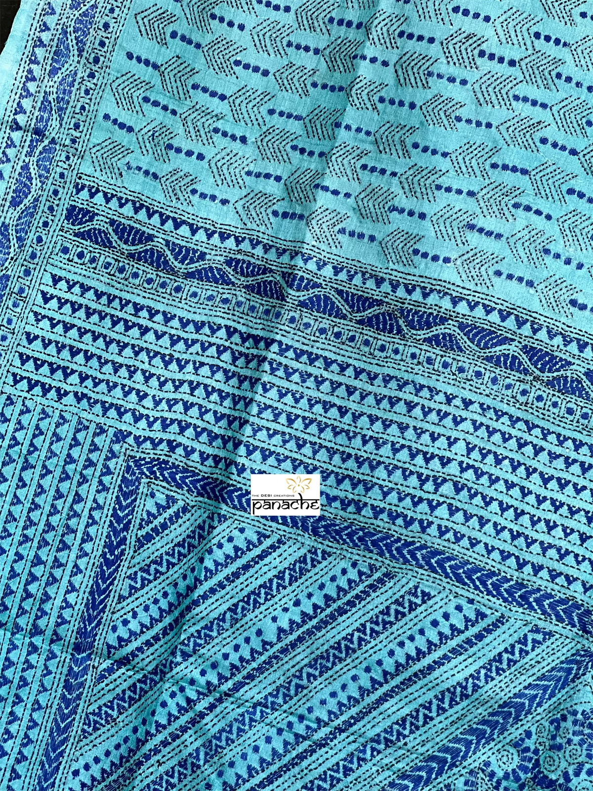 Pure Tussar Silk Kantha Stitch - Firozi Blue