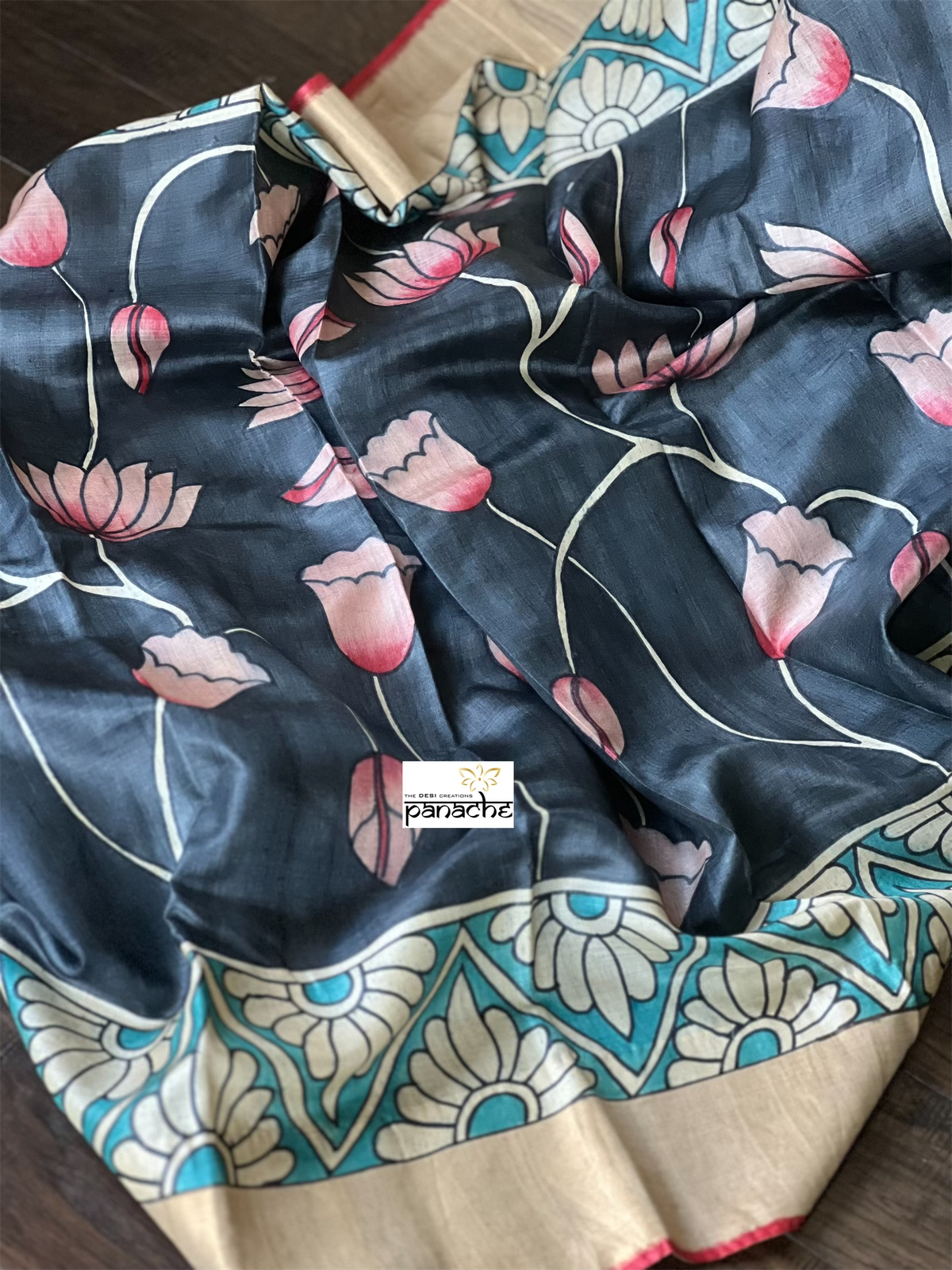 Pen Kalamkari Tussar Silk - Grayish Black Lotus