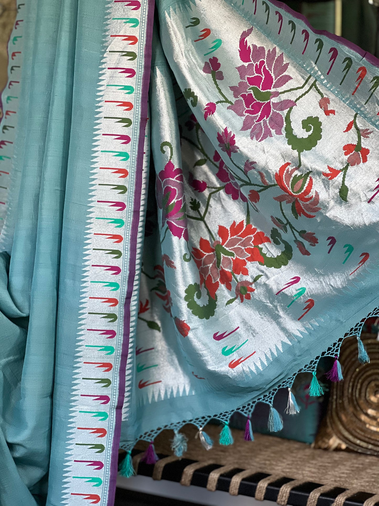 Tussar Georgette Banarasi- Teal Blue Grey Antique Silver