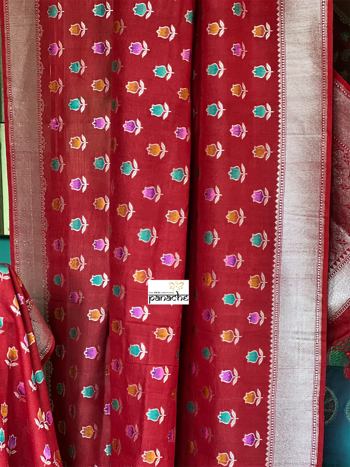 Tussar Georgette Banarasi - Red Mogra Tilfi