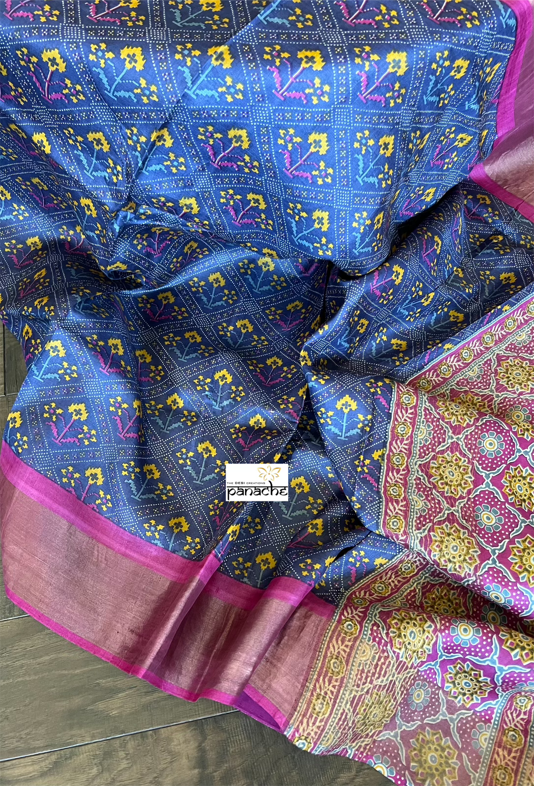 Pure Tussar Silk Digital Printed -  Blue Magenta Patola