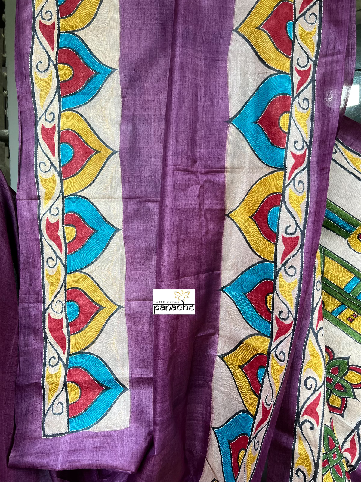Pure Tussar Silk Sujni Kantha Stitch - Purple Elephant
