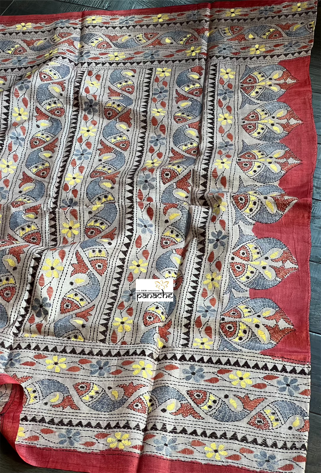Pure Tussar Silk Kantha Stitch - Tomato Red Fish