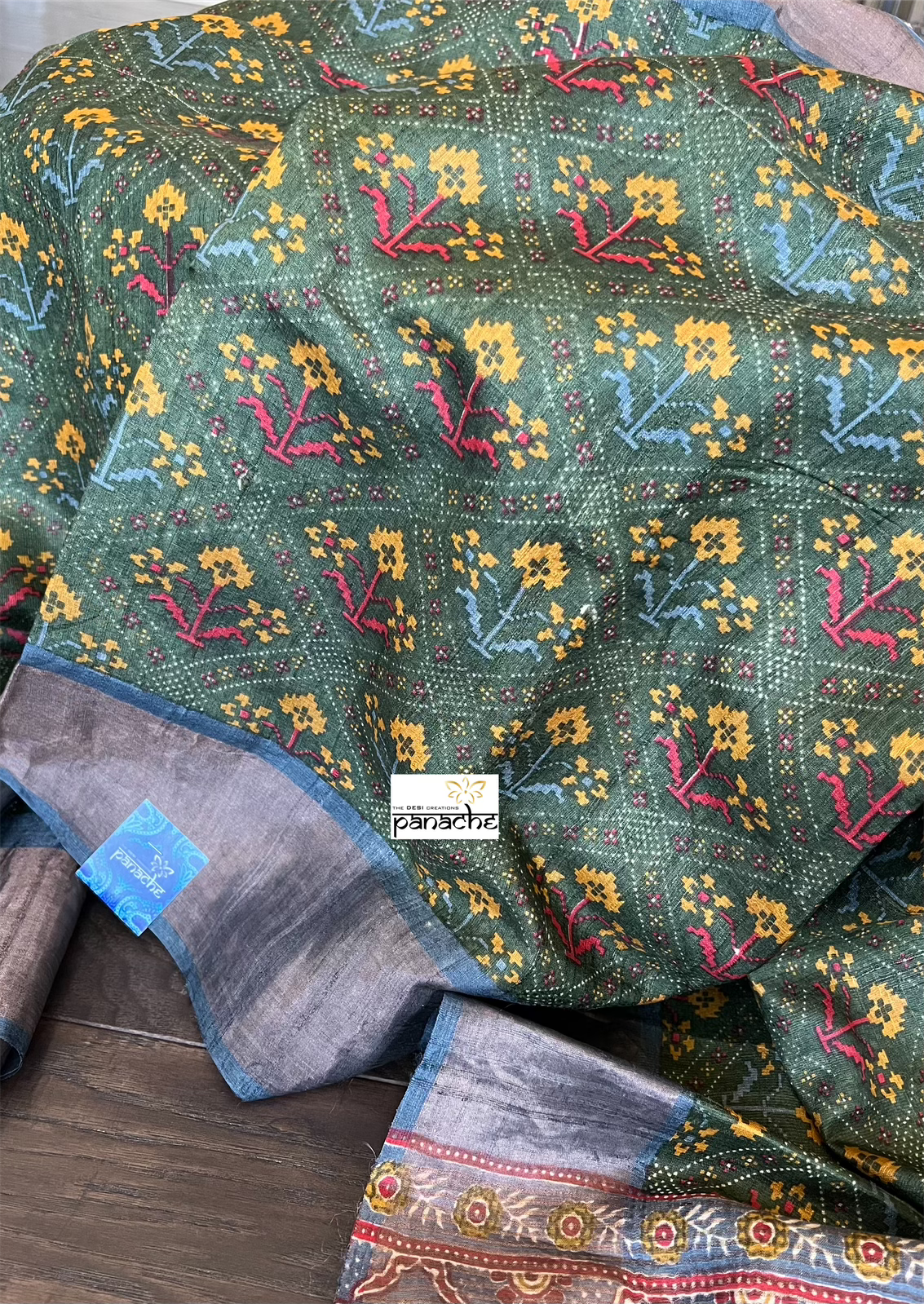 Pure Tussar Silk Digital Printed - Green Grey Patola