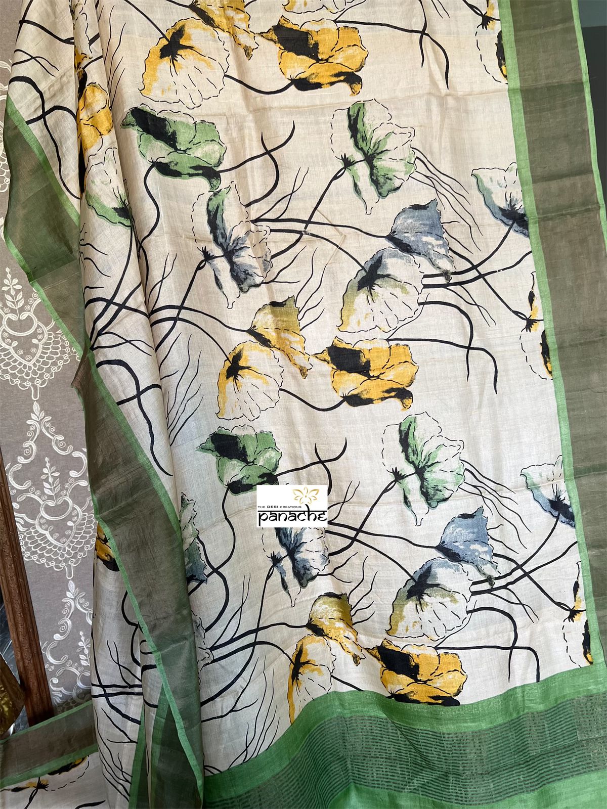 Pure Tussar Silk - Beige Green Digital Printed