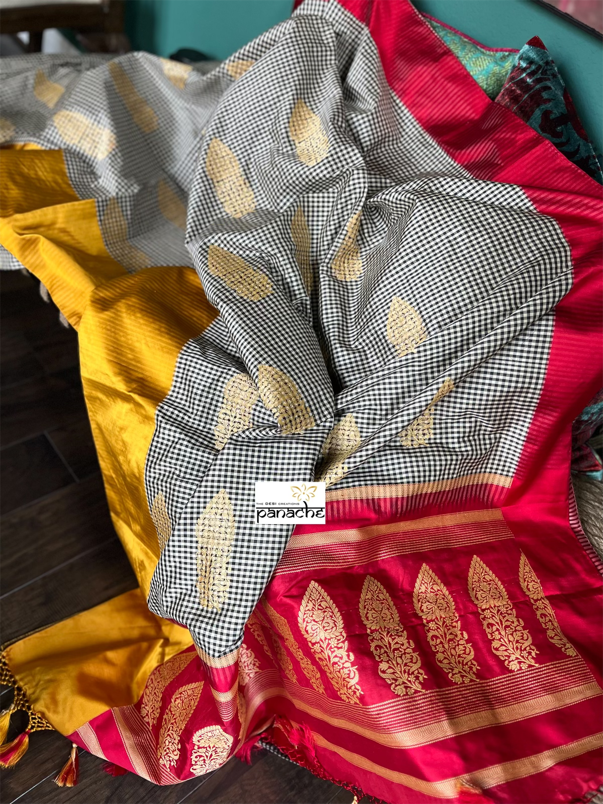 Katan Silk Banarasi - Black Red Yellow Checkered Kadwa
