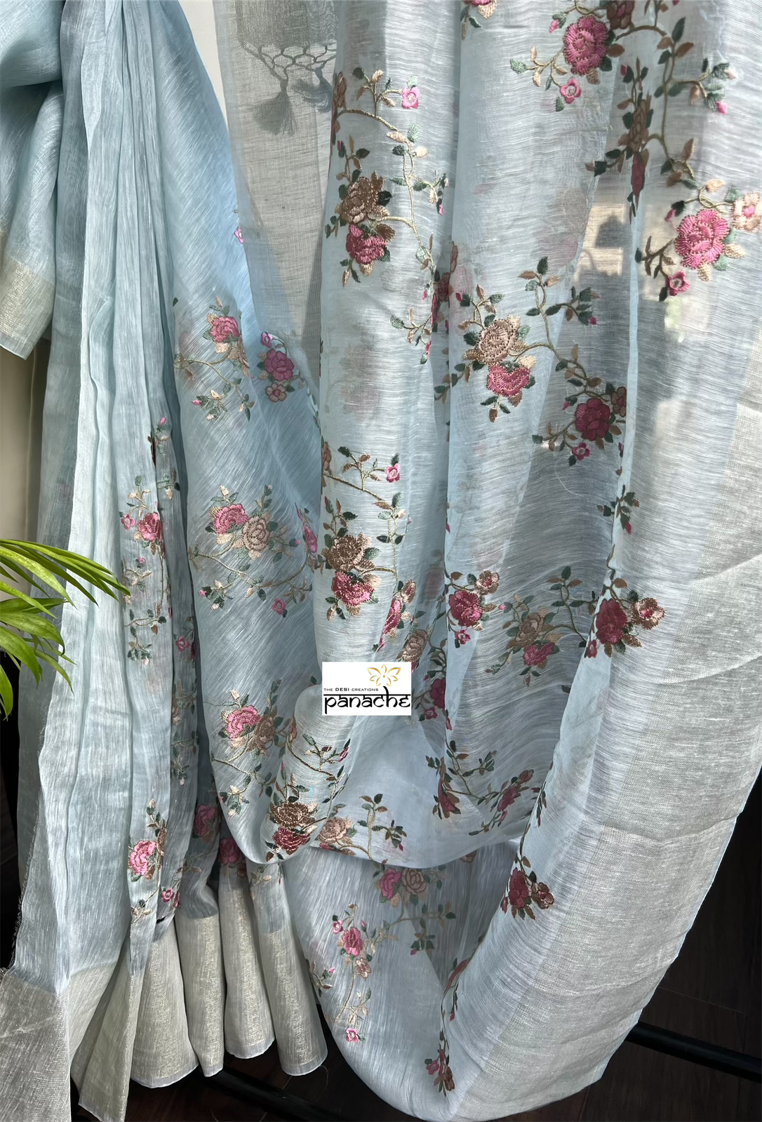 Embroidered Linen Silk- Light Blue