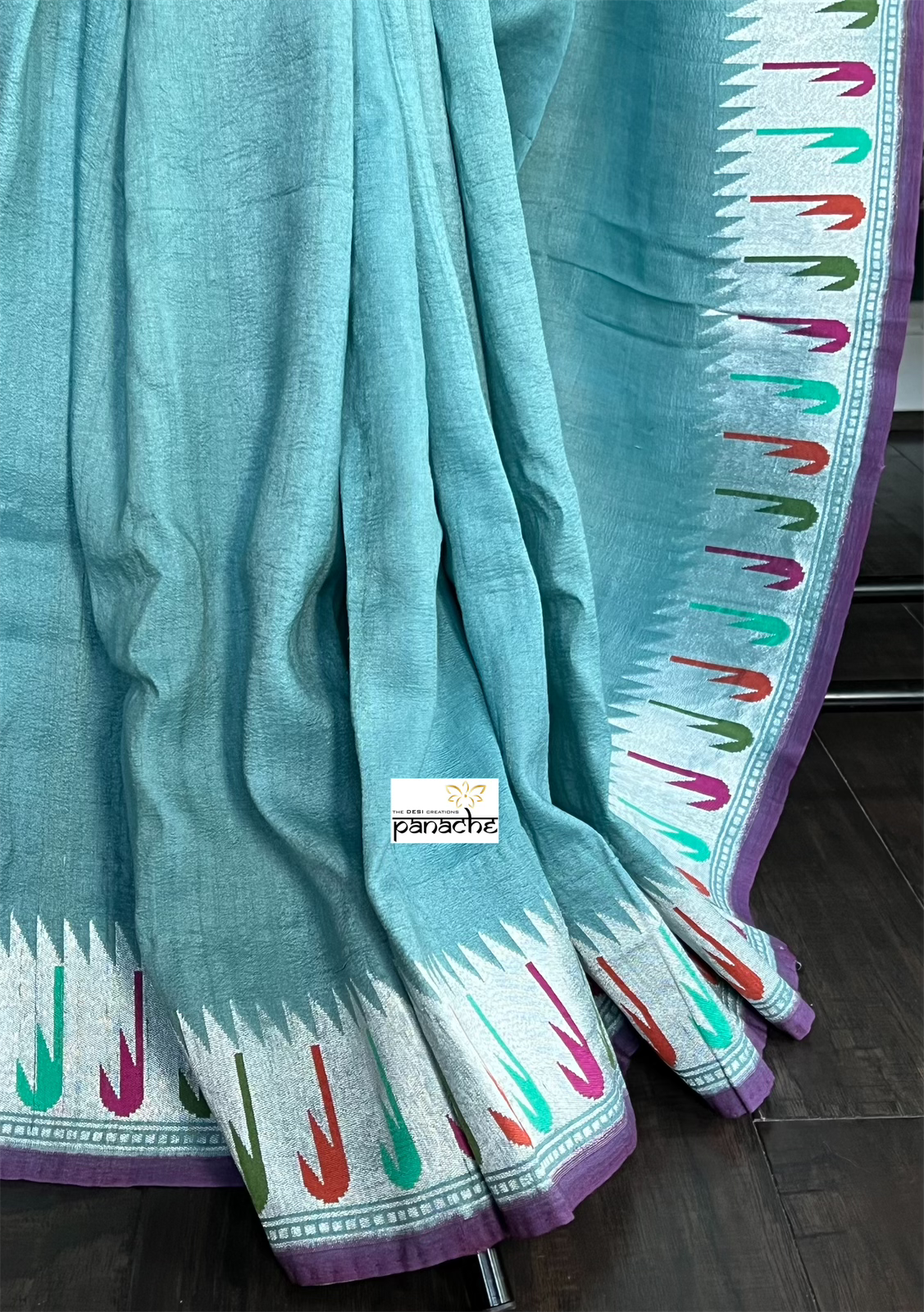 Tussar Georgette Banarasi- Teal Blue Grey Antique Silver