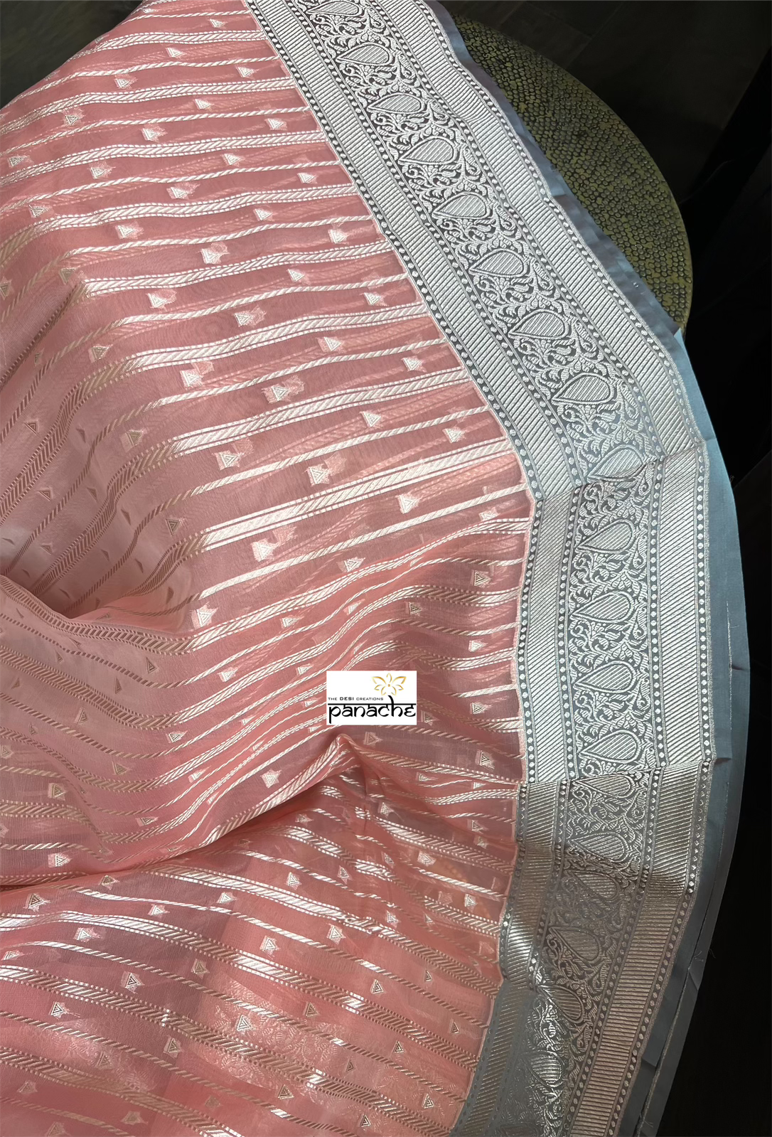 Kora Silk Banaras Chanderi - Peach Grey