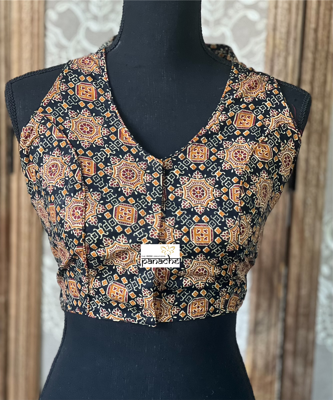 Designer Blouse - Ochre Yellow Black Ajrakh