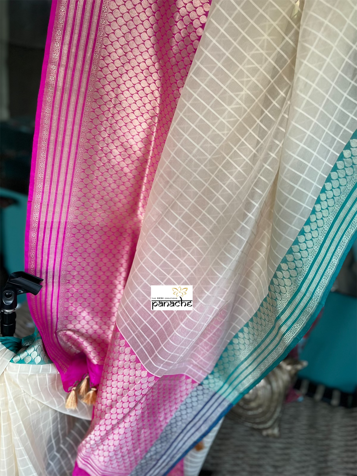 Organza Silk Banarasi - Cream Pink Sea Gree