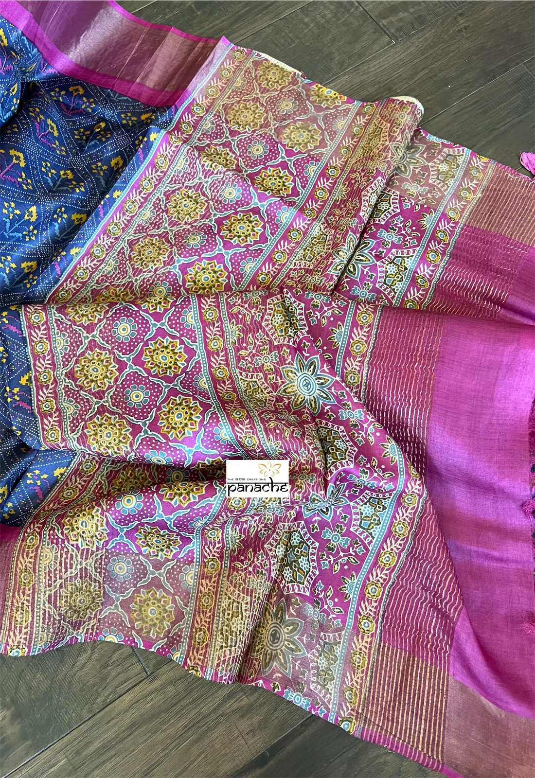 Pure Tussar Silk Digital Printed - Blue Magenta Patola