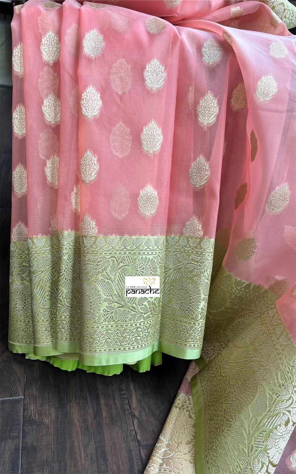 Kora Silk Banaras Chanderi - Peach Green
