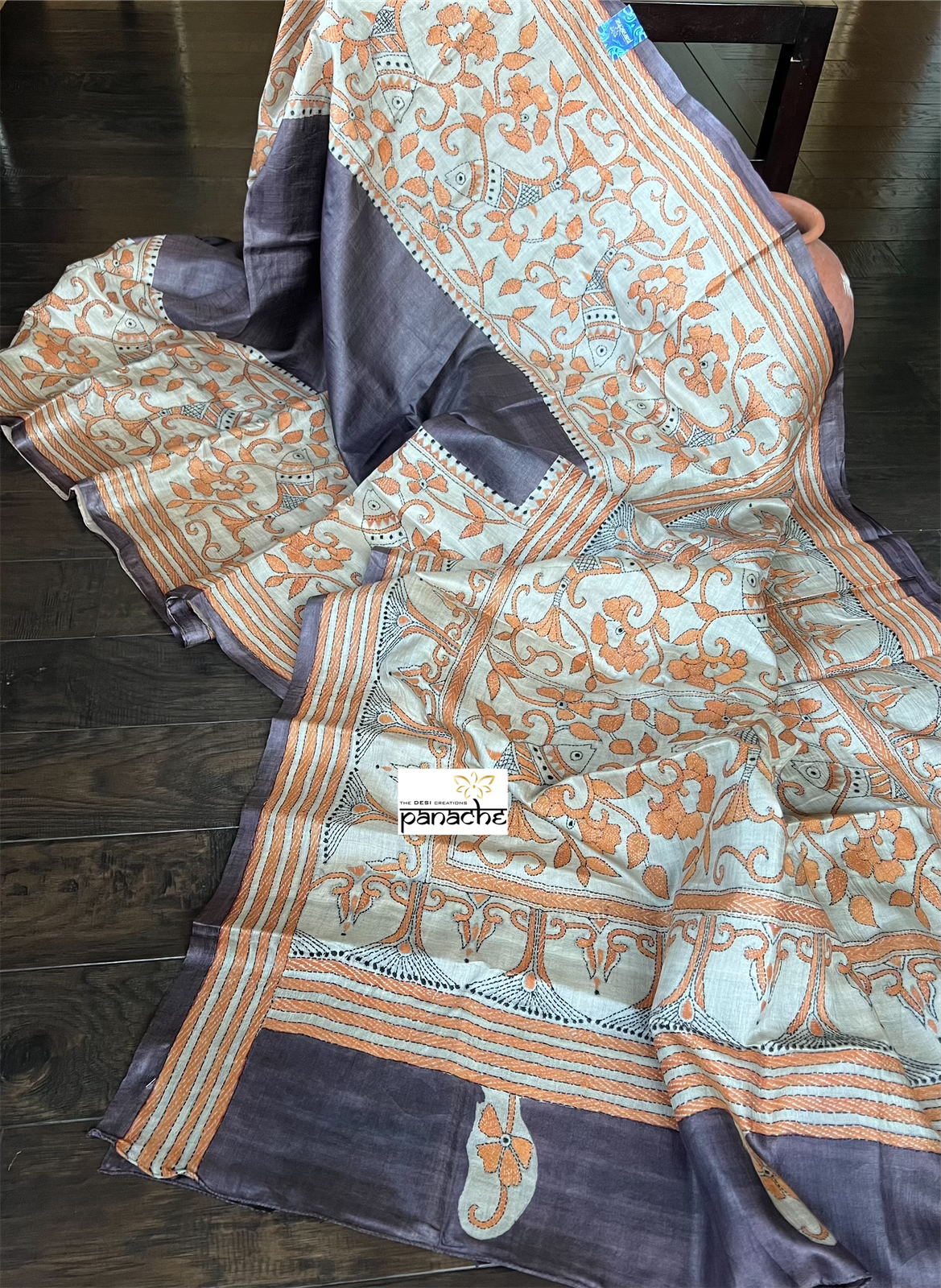 Pure Tussar Silk Kantha Stitch - Brown Orange