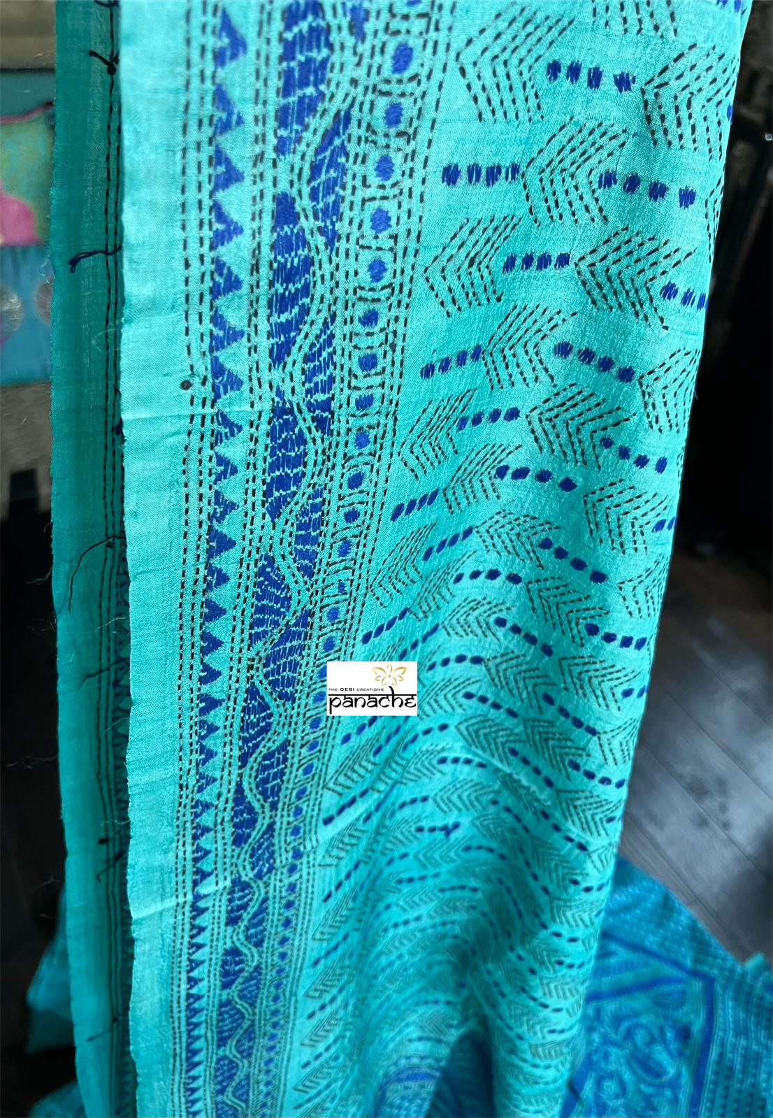 Pure Tussar Silk Kantha Stitch - Firozi Blue