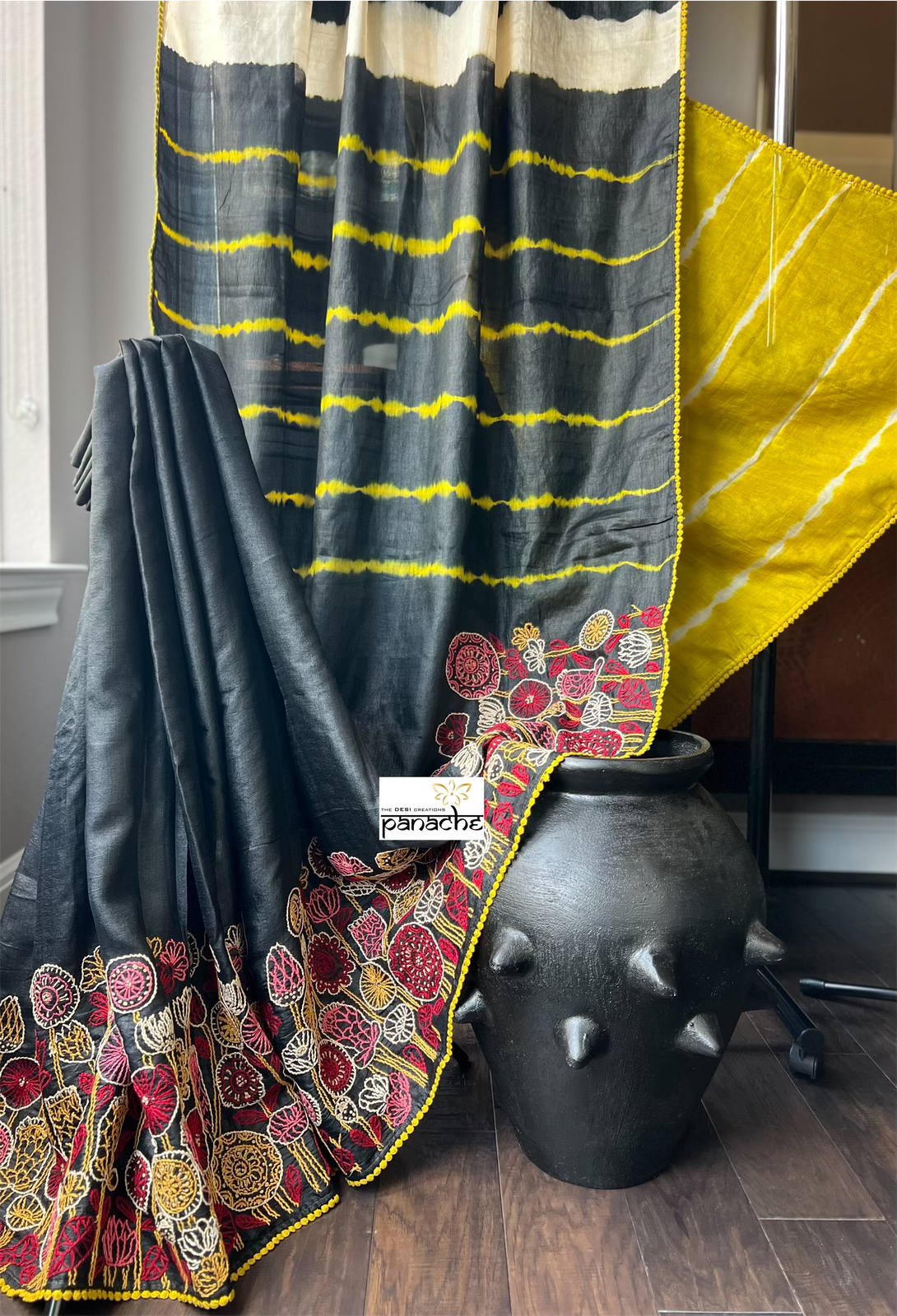 Pure Tussar Silk - Black Lime Yellow Embroidered