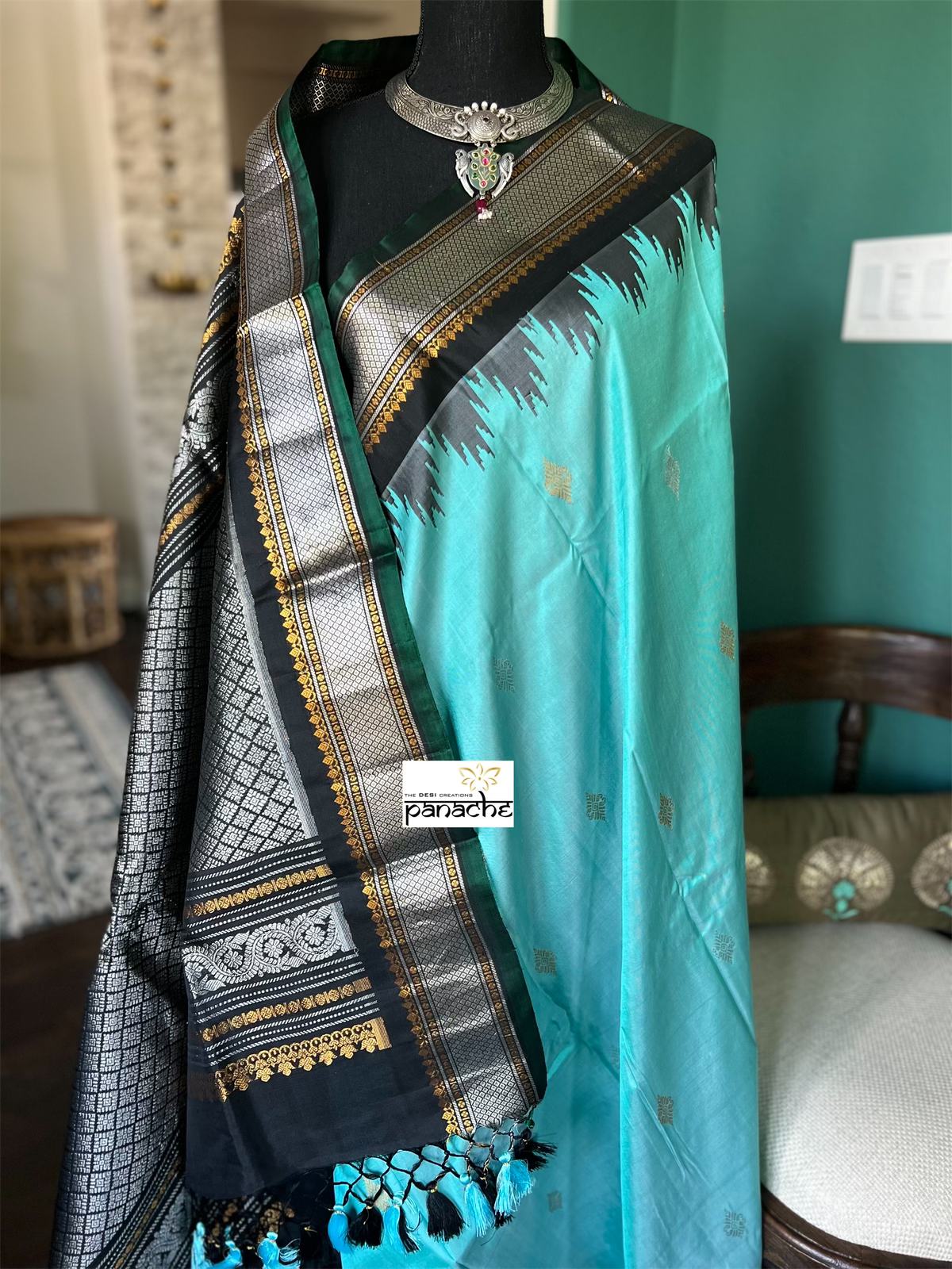Pure Silk Gadwal - Turquoise Black