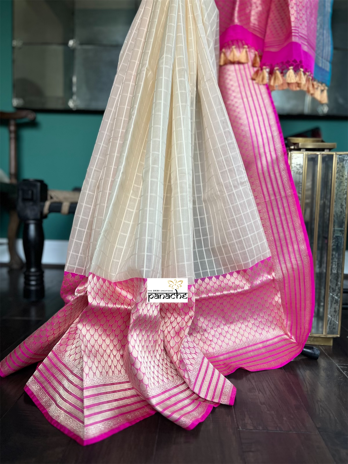 Organza Silk Banarasi - Cream Pink Sea Gree