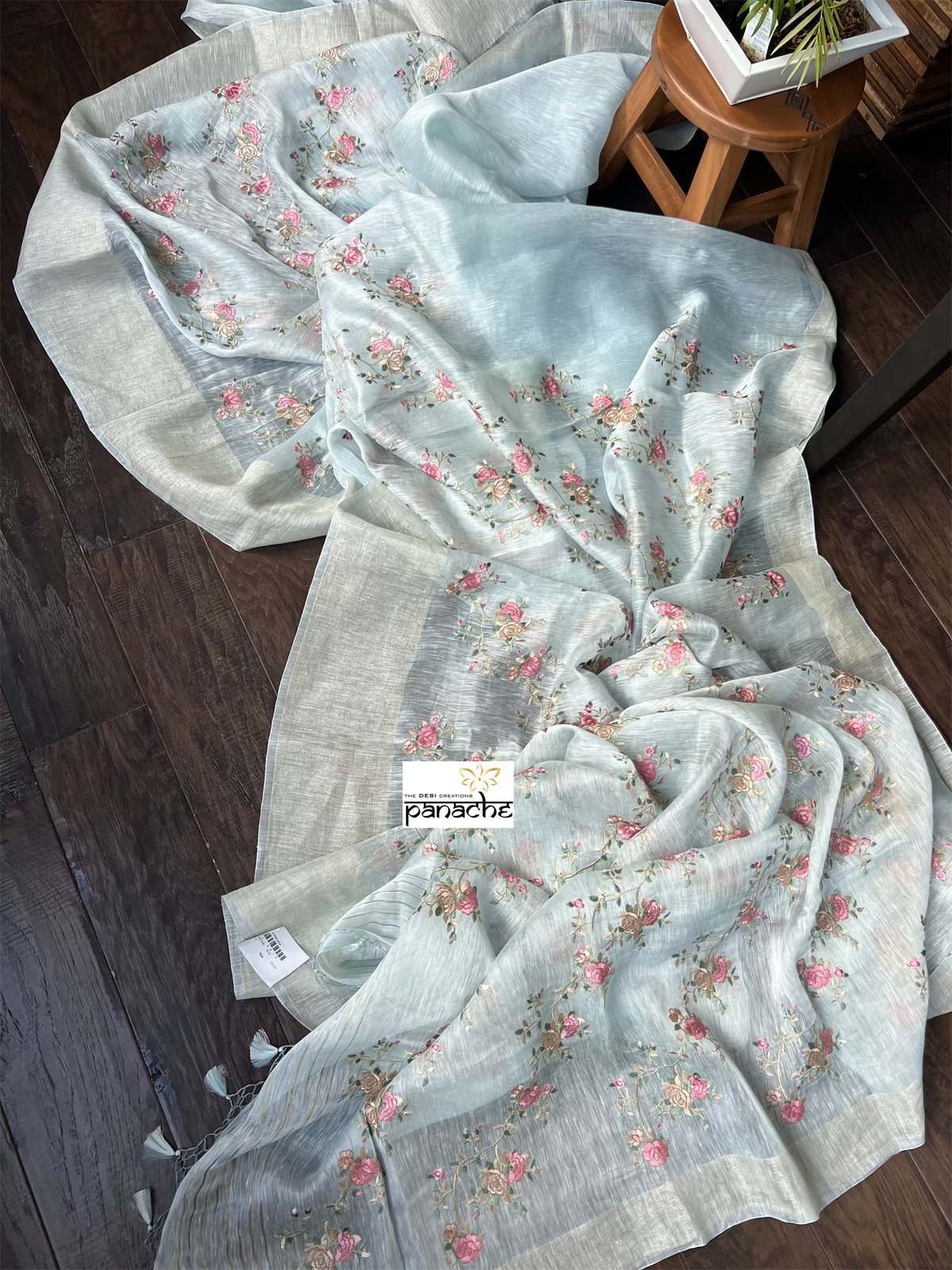 Embroidered Linen Silk- Light Blue