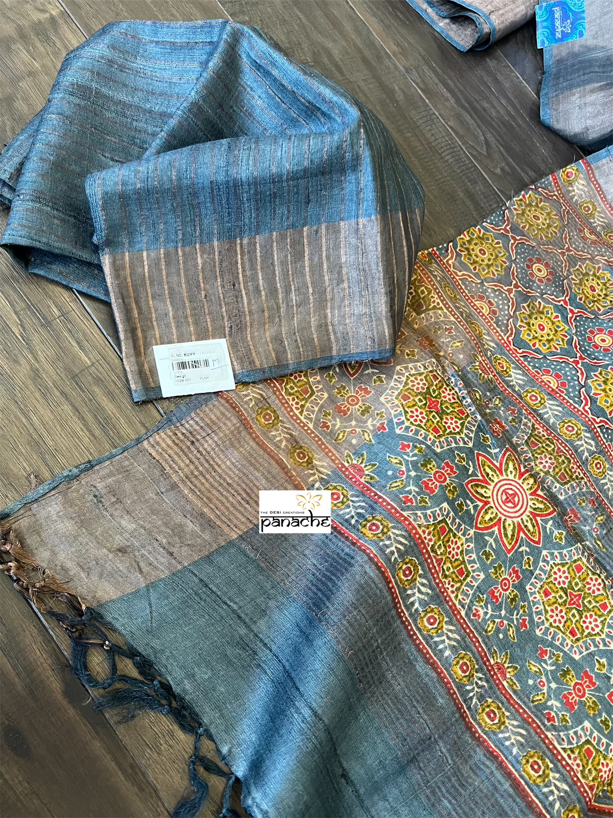 Pure Tussar Silk Digital Printed - Green Grey Patola