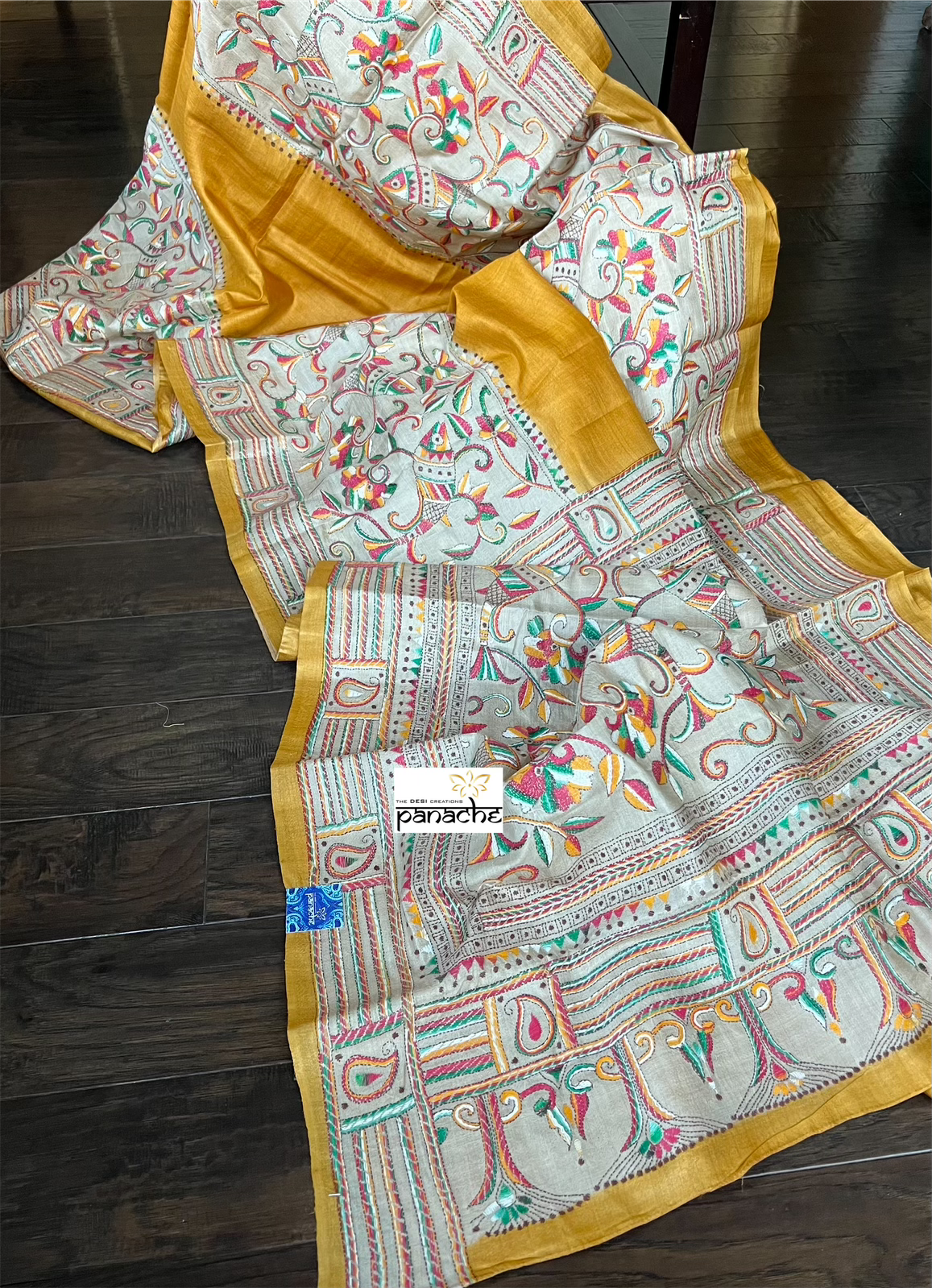 Pure Tussar Silk Kantha Stitch - Yellow Fish