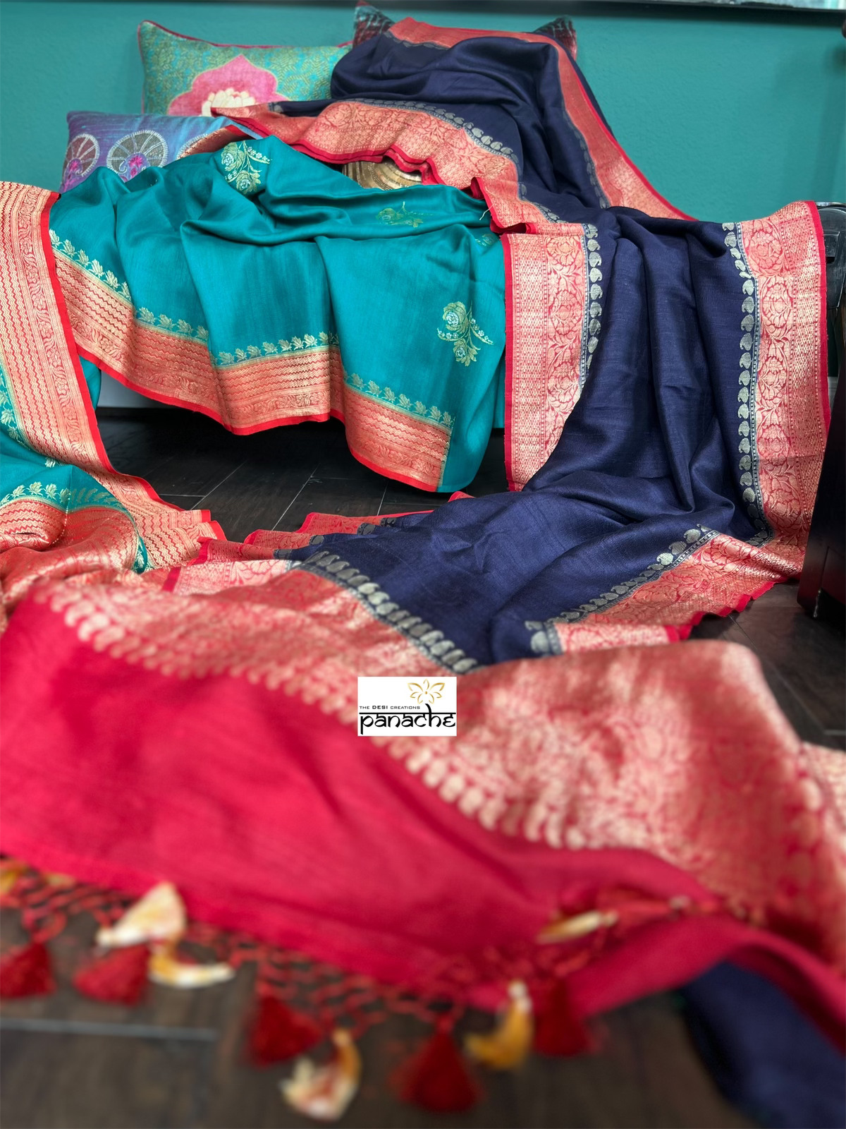 Tussar Georgette Banarasi - Navy Blue Red Kadwa