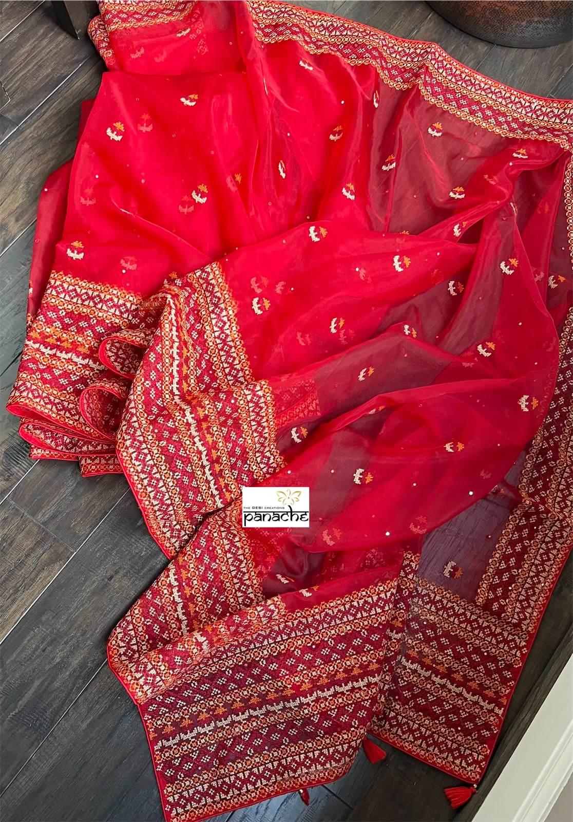 Designer Organza - Red Gujarati Stitch