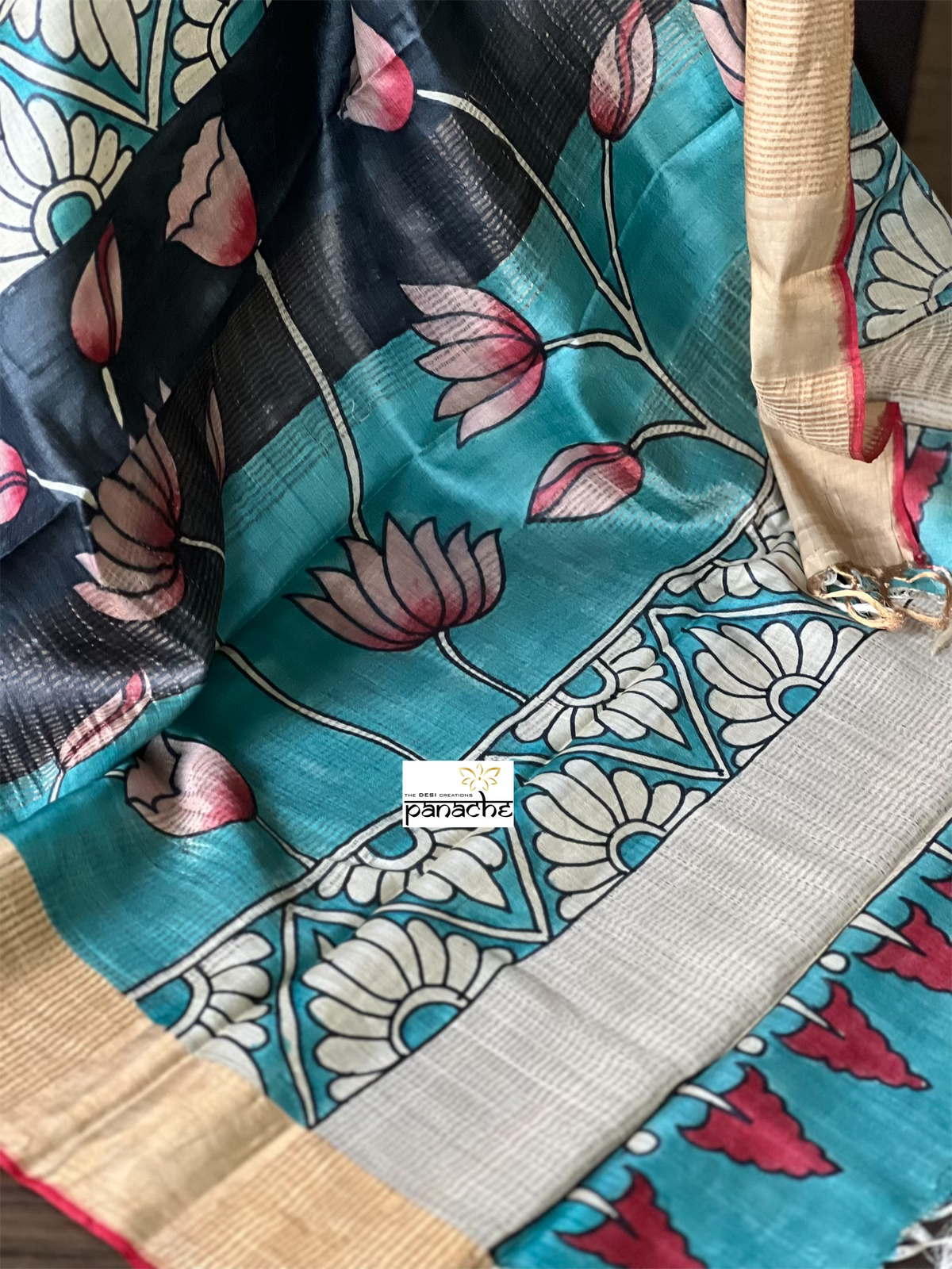 Pen Kalamkari Tussar Silk - Grayish Black Lotus