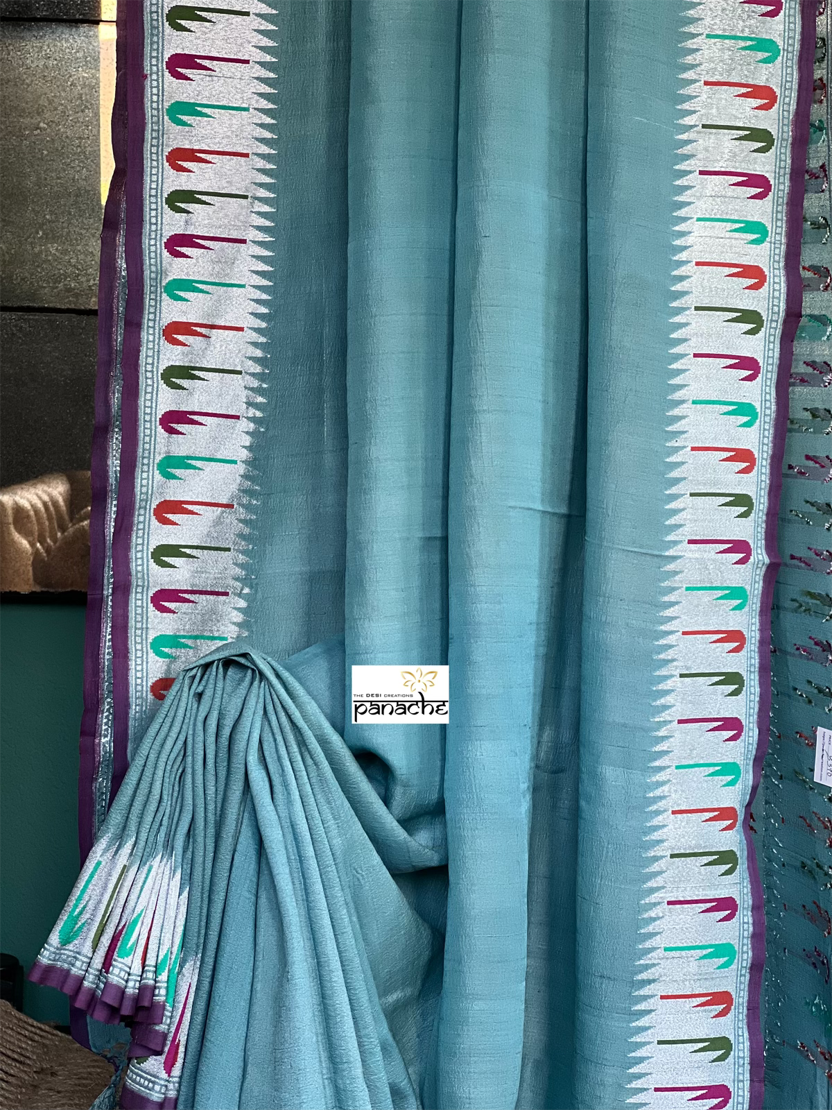 Tussar Georgette Banarasi- Teal Blue Grey Antique Silver