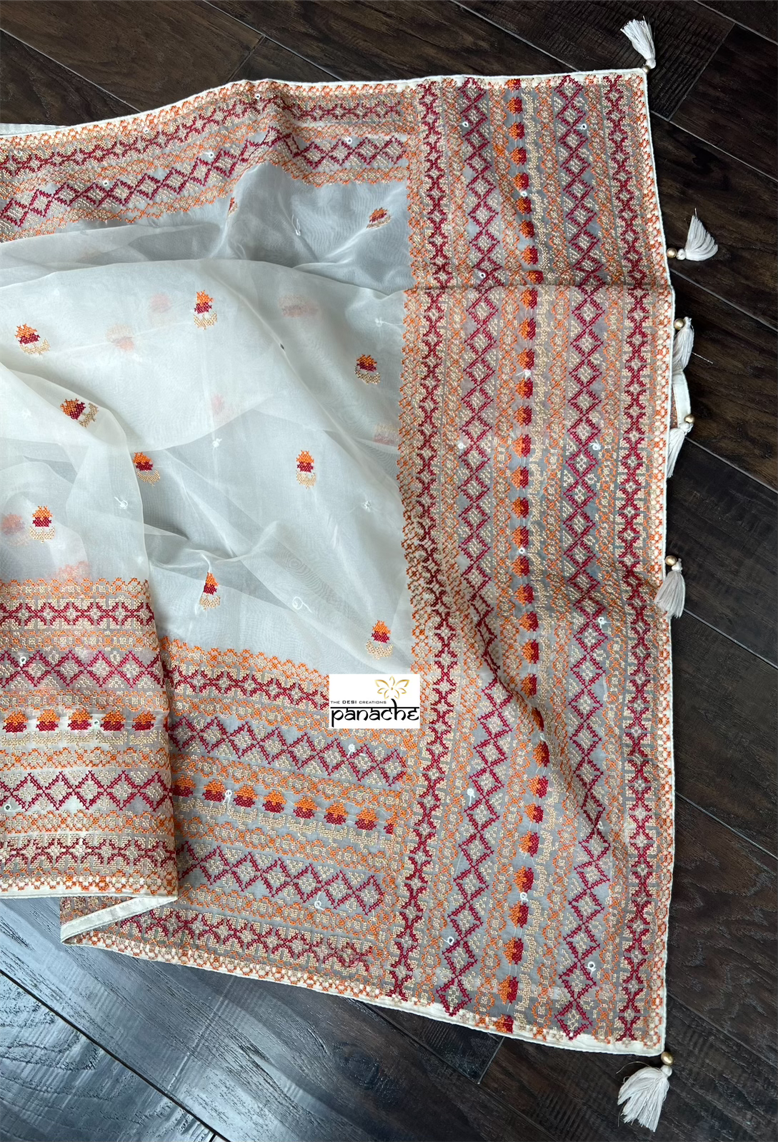Designer Organza - Off-White Gujarati Stitch