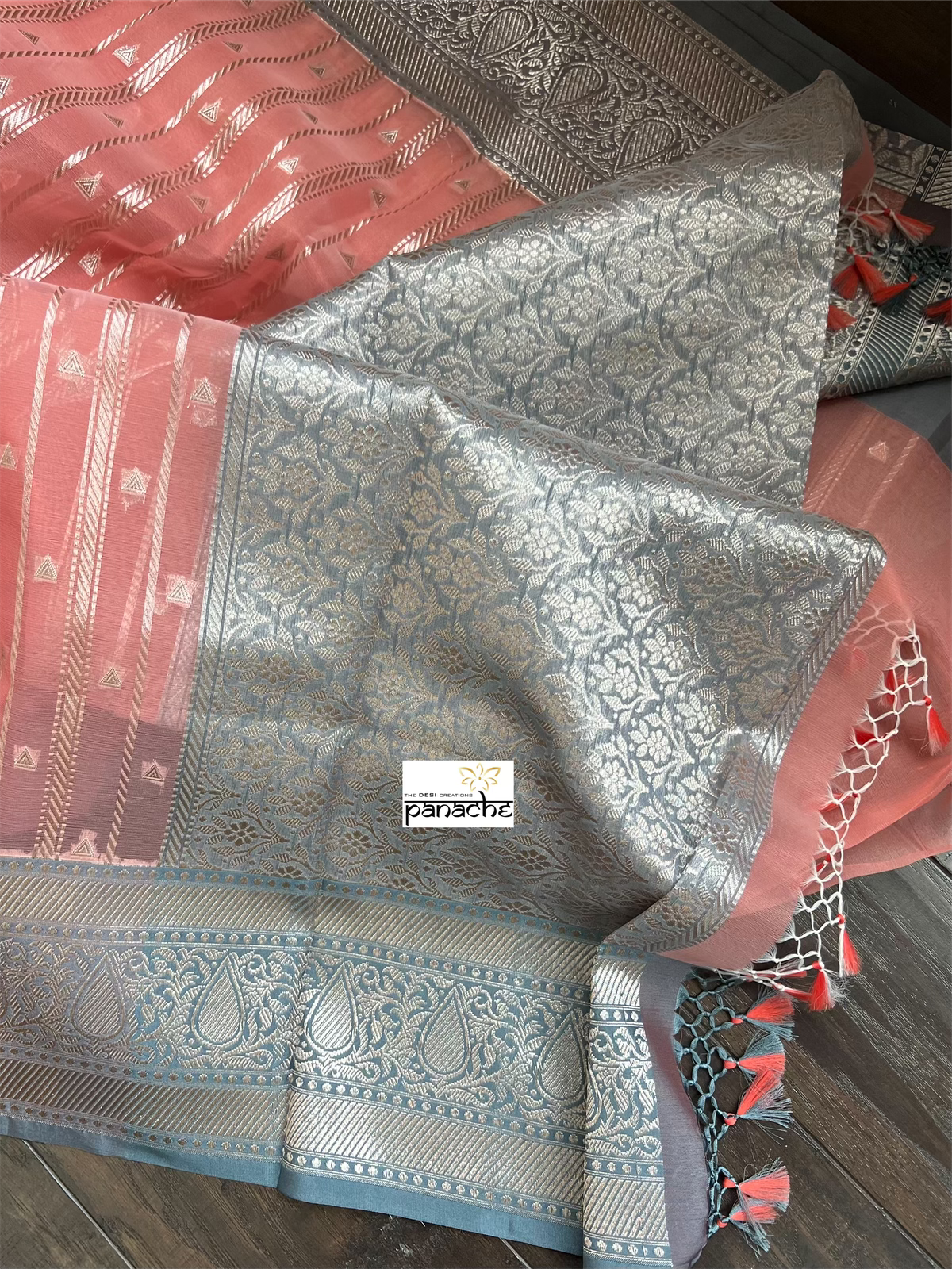 Kora Silk Banaras Chanderi - Peach Grey