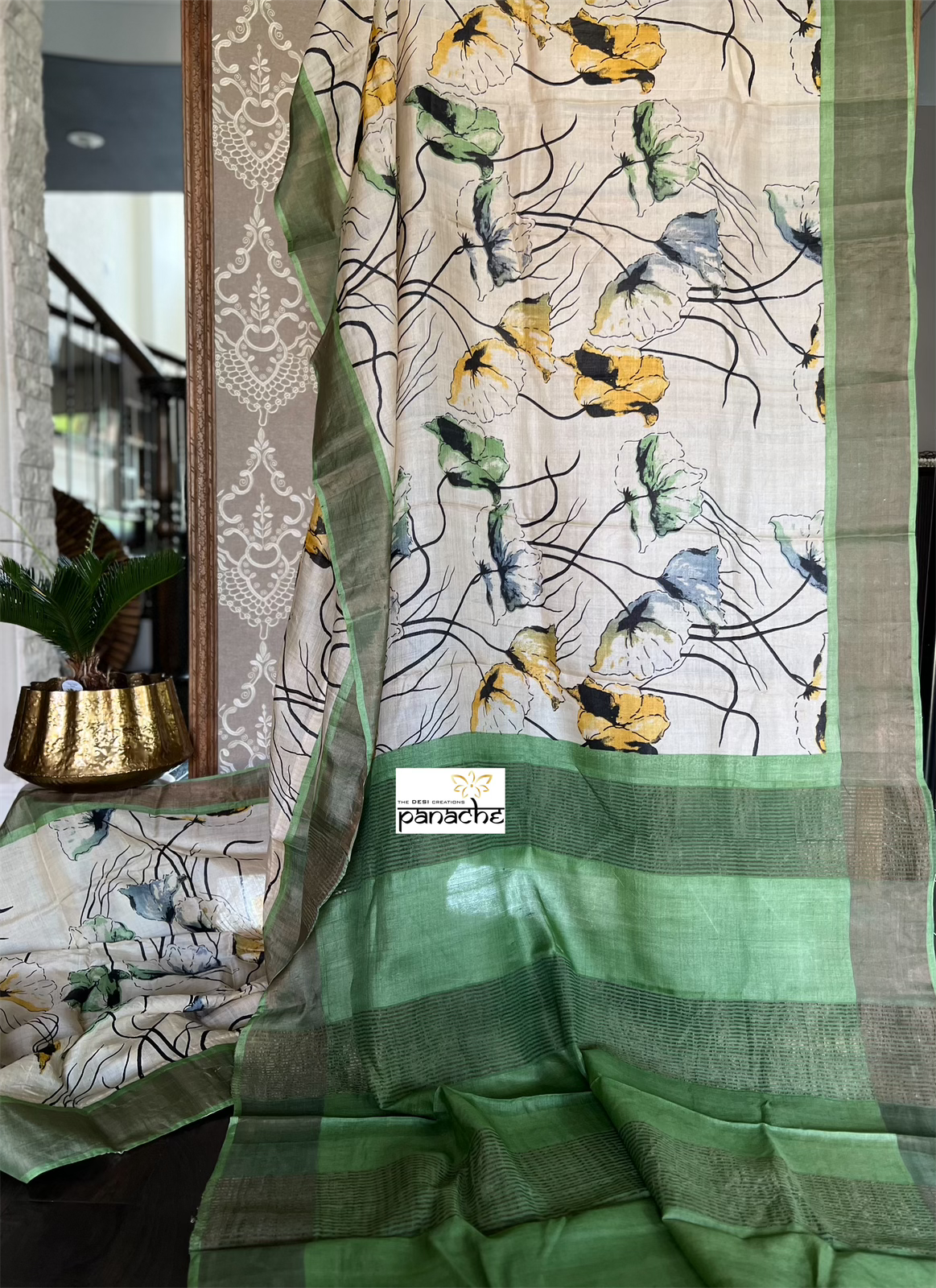 Pure Tussar Silk - Beige Green Digital Printed