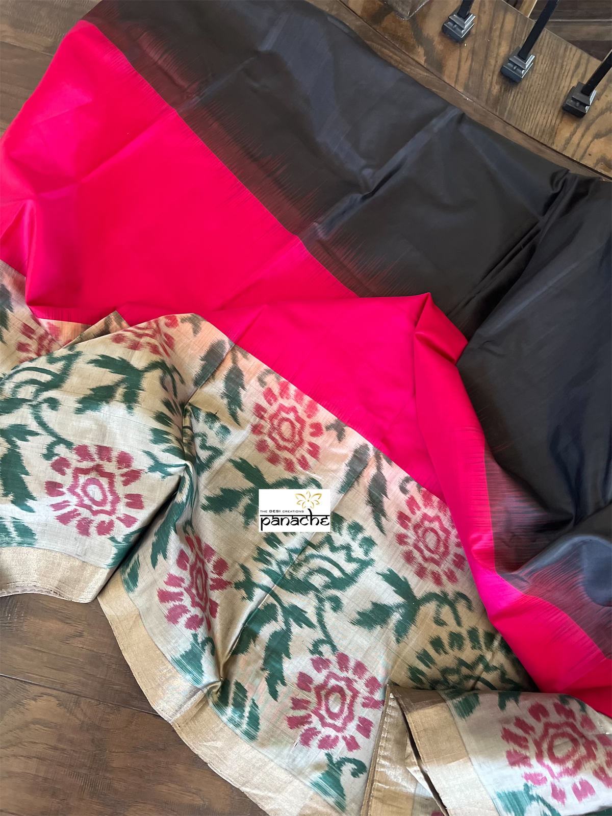 Pure Silk Kanjivaram - Black Magenta Ikat Woven