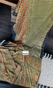 Modal Silk Ajrakh - Greenish Yellow Black Striped