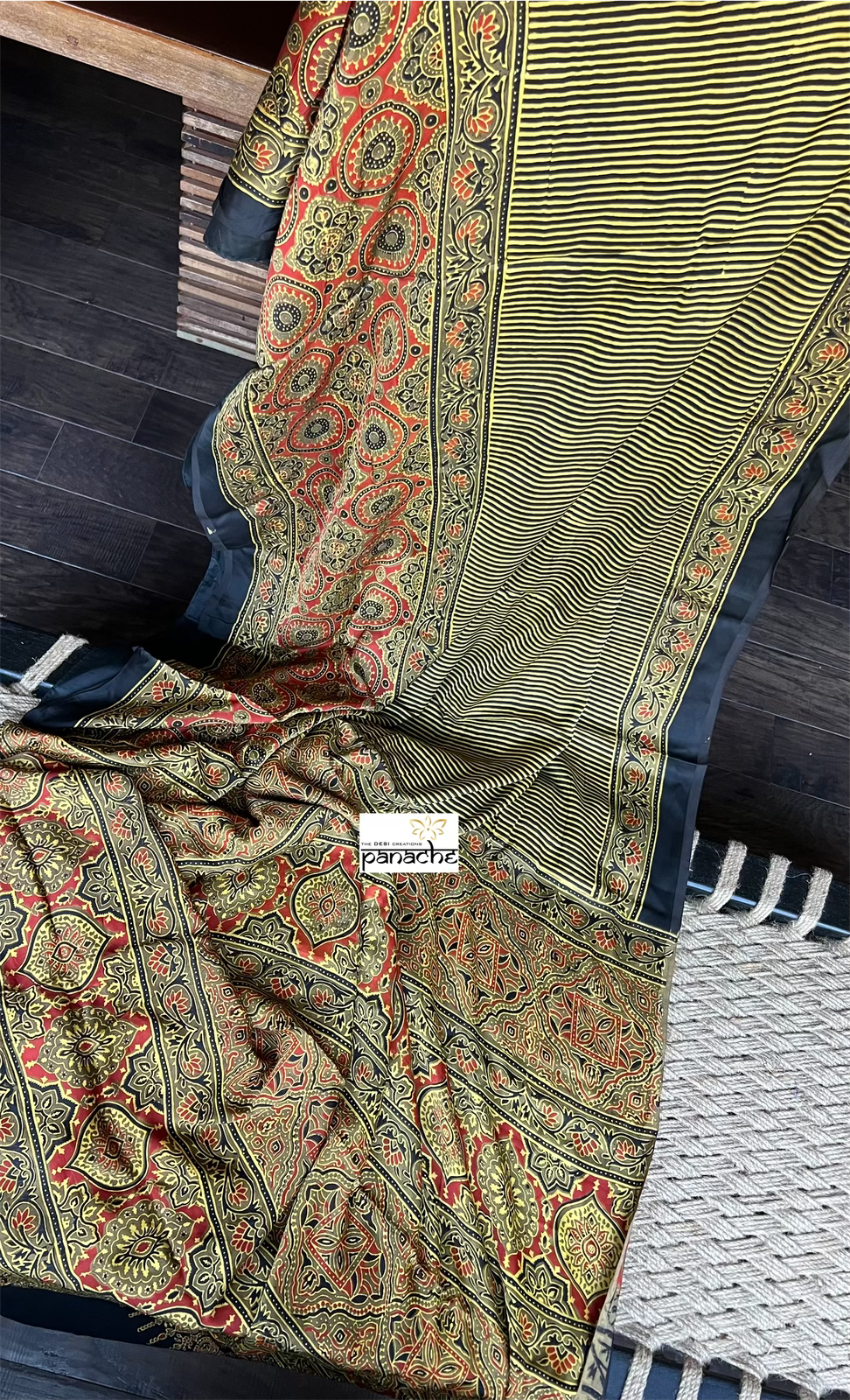Modal Silk Ajrakh - Greenish Yellow Black Striped