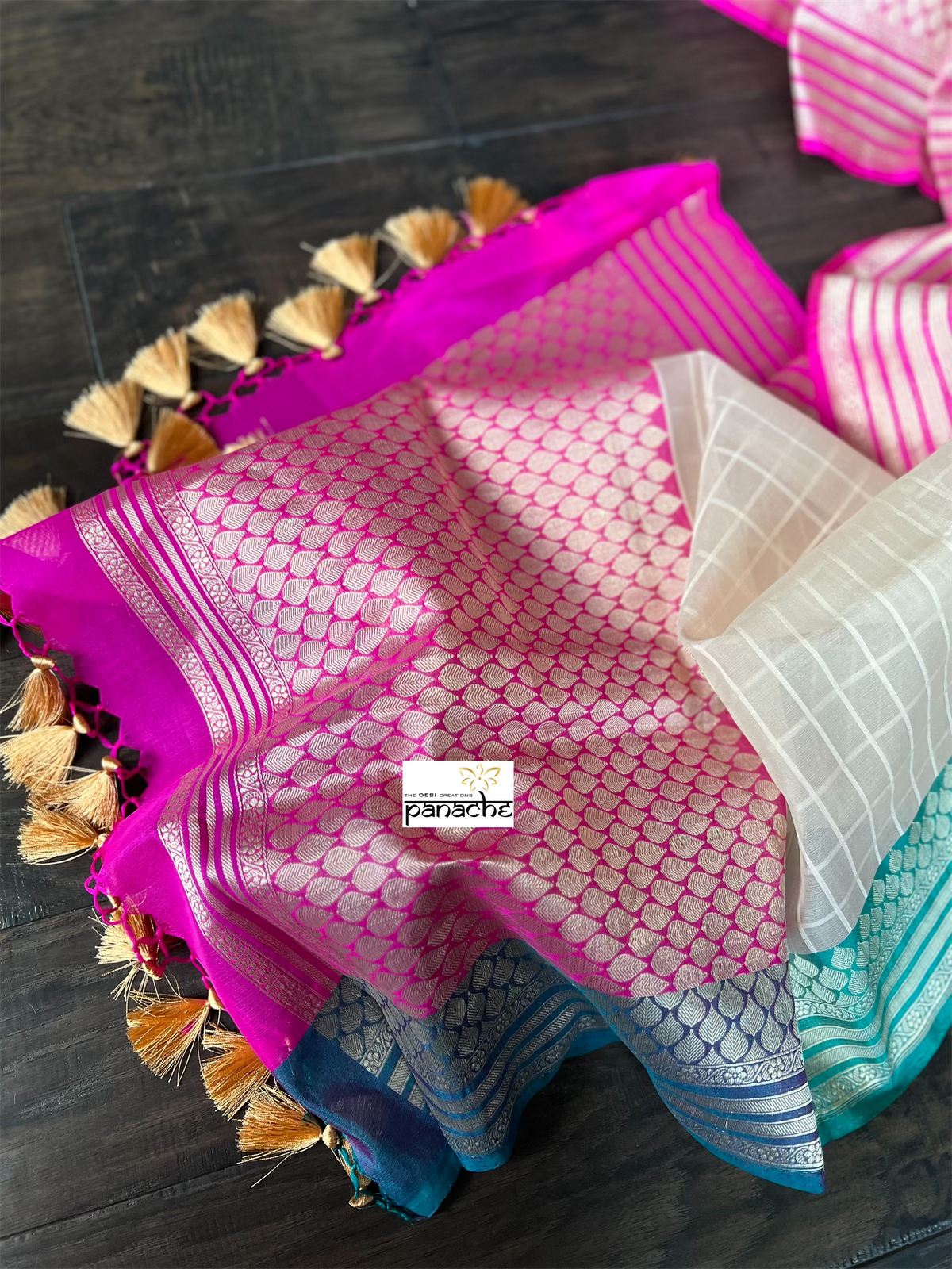 Organza Silk Banarasi - Cream Pink Sea Gree