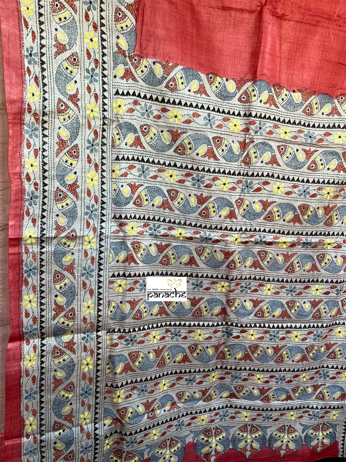 Pure Tussar Silk Kantha Stitch - Tomato Red Fish