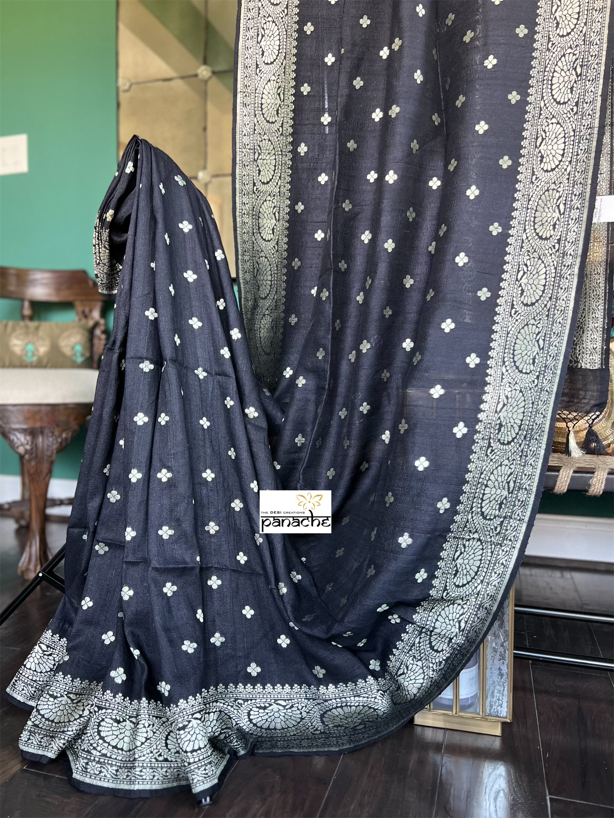 Tussar Georgette Banarasi- Black Antique Gold
