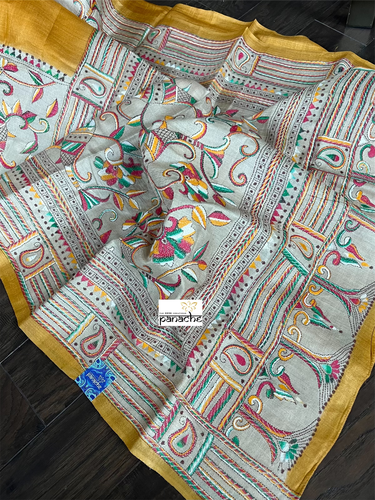 Pure Tussar Silk Kantha Stitch - Yellow Fish