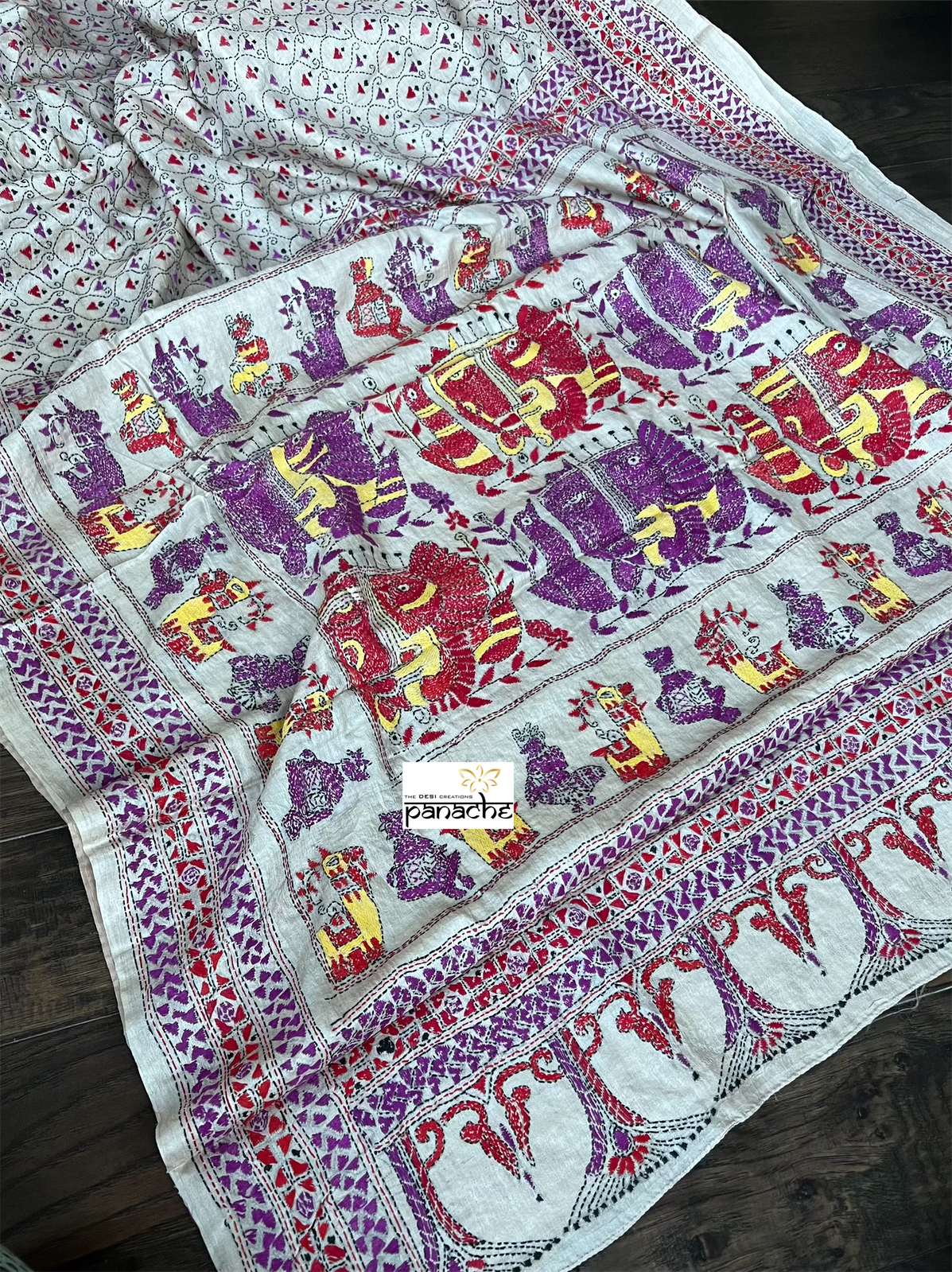 Pure Tussar Silk Kantha Stitch - Beige Purple