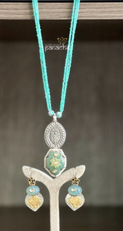 Silver Beaded Necklace - Inlay Pendant