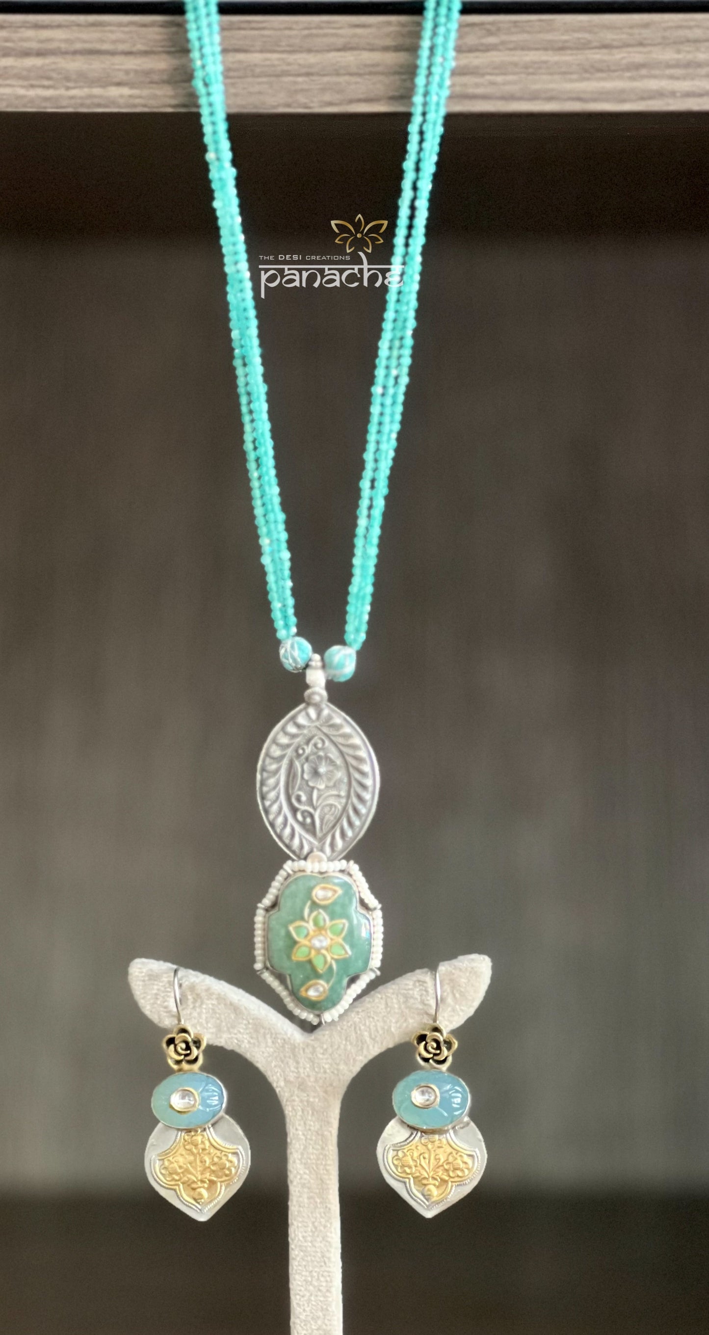 Silver Beaded Necklace - Inlay Pendant