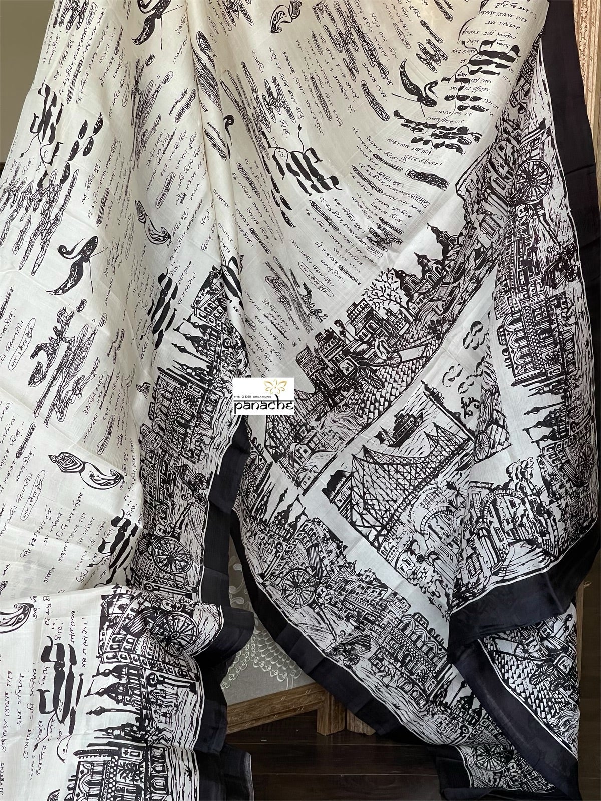 Pure Vishnupur Katan Silk - Ivory Black Kolkata Printed
