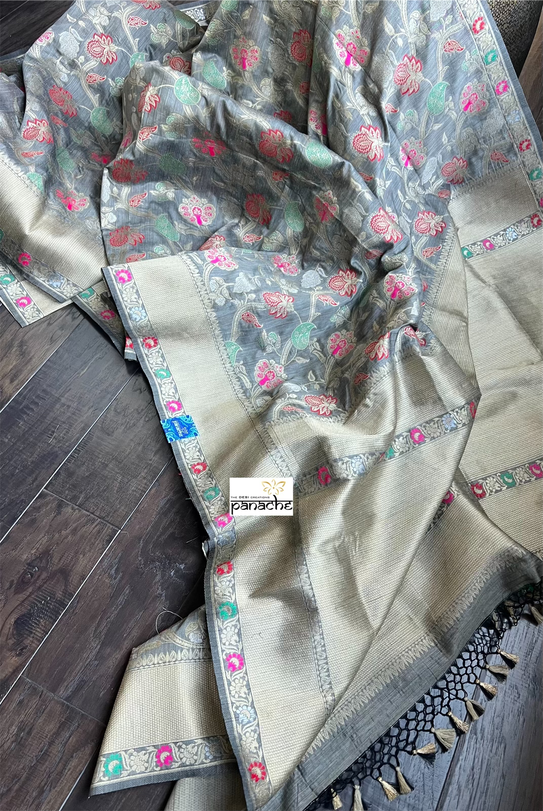 Soft Muga Tussar Banarasi - Grey Meenakari Woven